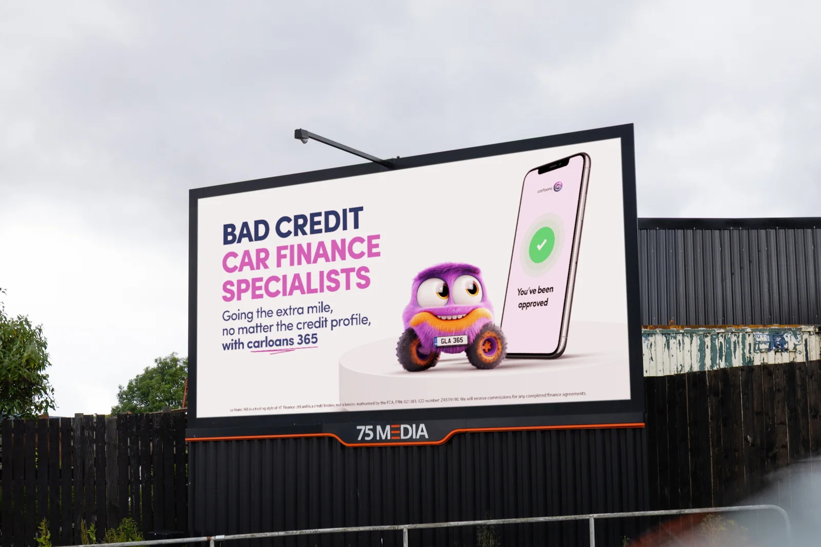 A carloans365 digital billboard in Glasgow reading “Bad credit car finance specialists”