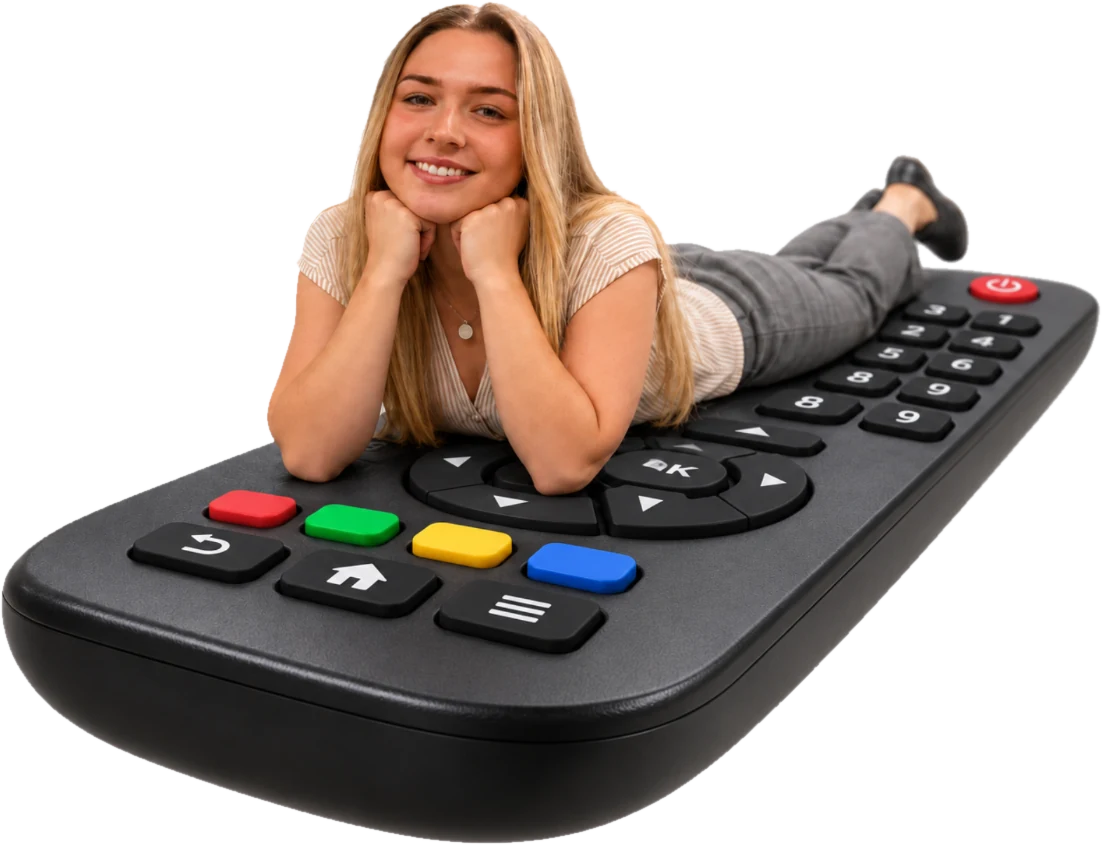 A team member lying on a giant TV remote control